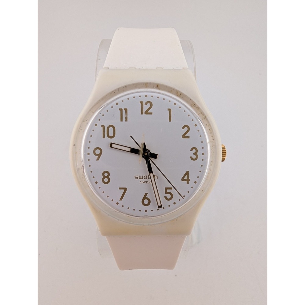 Swatch White Bishop Women's Watch 33mm White Dial Gold Tone Swiss- New Battery